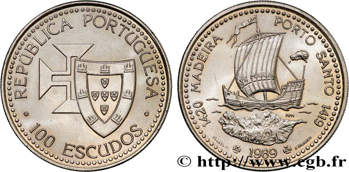 PORTUGAL 100 Escudos Découvertes Portugaises de Madère 1420 et Porto Santo 1419 1989  SPL 