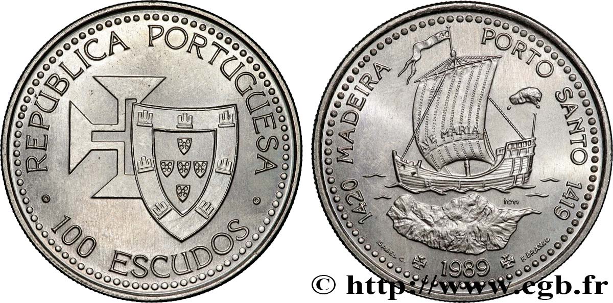 PORTOGALLO 100 Escudos Découvertes Portugaises de Madère 1420 et Porto Santo 1419 1989  MS 