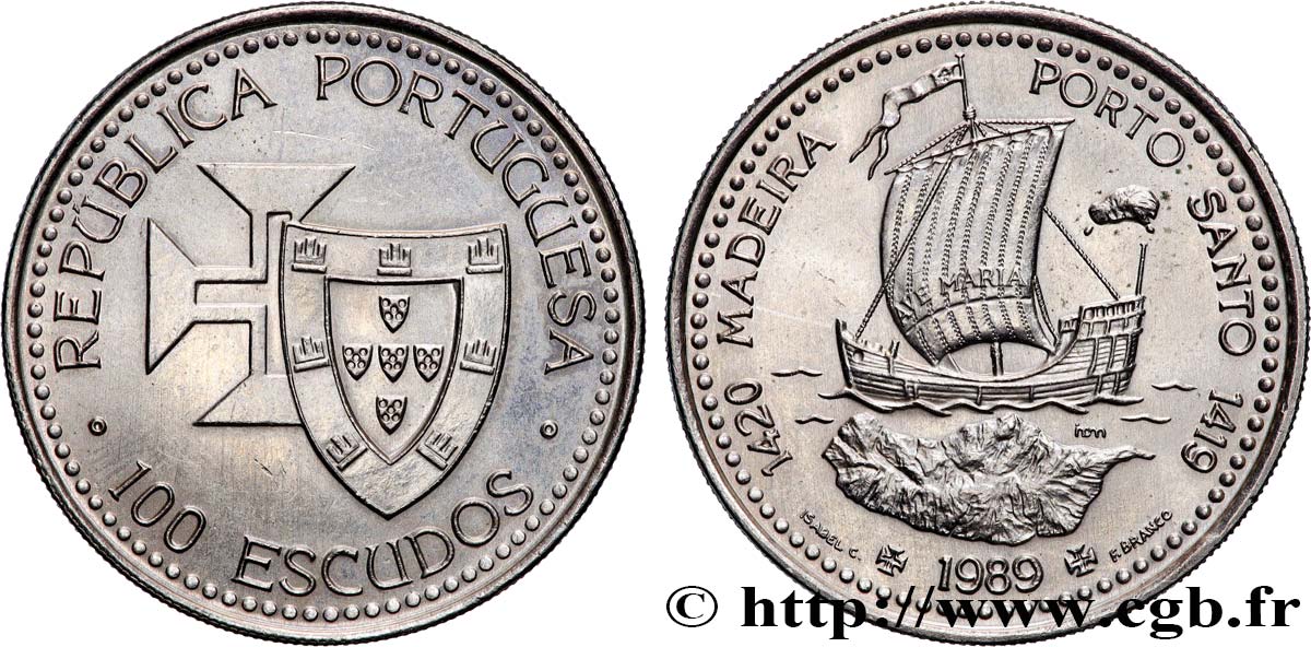 PORTUGAL 100 Escudos Découvertes Portugaises de Madère 1420 et Porto Santo 1419 1989  SC 