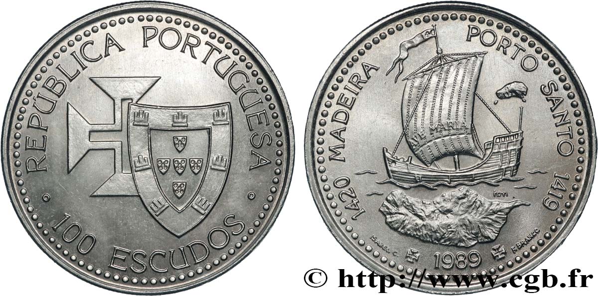 PORTUGAL 100 Escudos Découvertes Portugaises de Madère 1420 et Porto Santo 1419 1989  SPL 