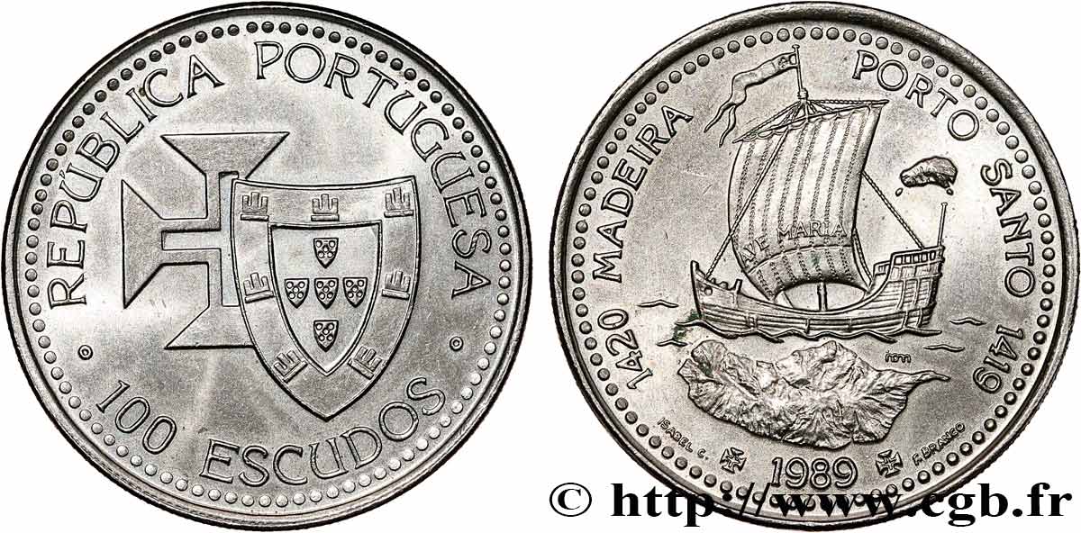 PORTUGAL 100 Escudos Découvertes Portugaises de Madère 1420 et Porto Santo 1419 1989  SPL 