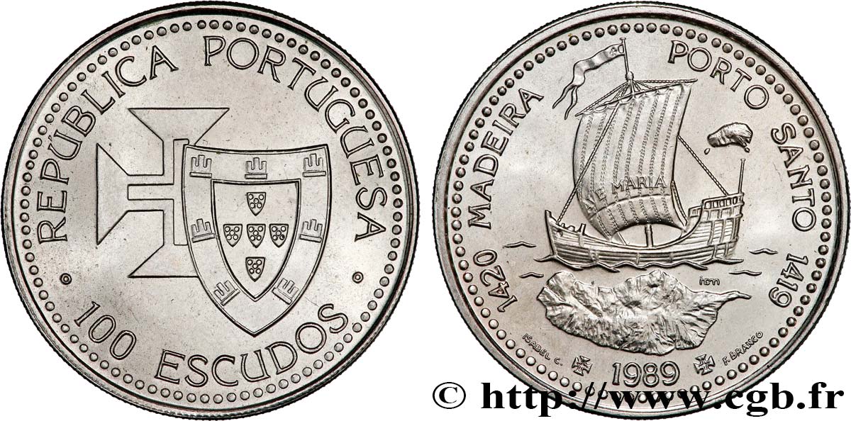 PORTOGALLO 100 Escudos Découvertes Portugaises de Madère 1420 et Porto Santo 1419 1989  MS 