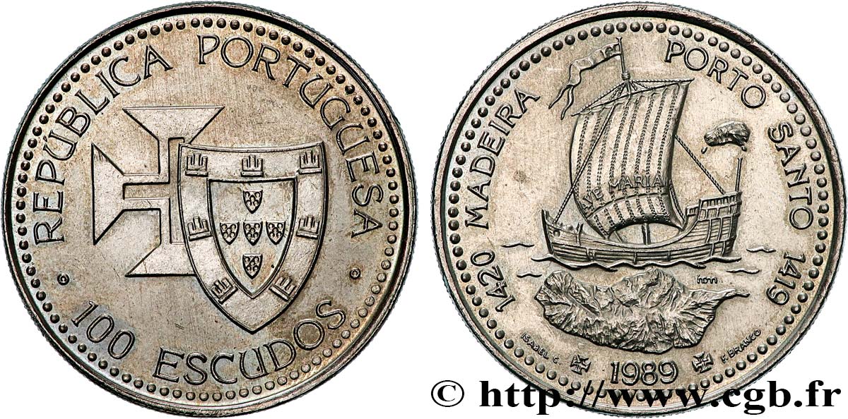 PORTOGALLO 100 Escudos Découvertes Portugaises de Madère 1420 et Porto Santo 1419 1989  MS 