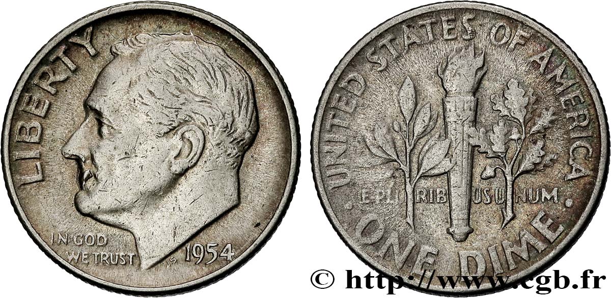 ÉTATS-UNIS D AMÉRIQUE 1 Dime(10 Cents) Roosevelt 1954 Philadelphie TTB 