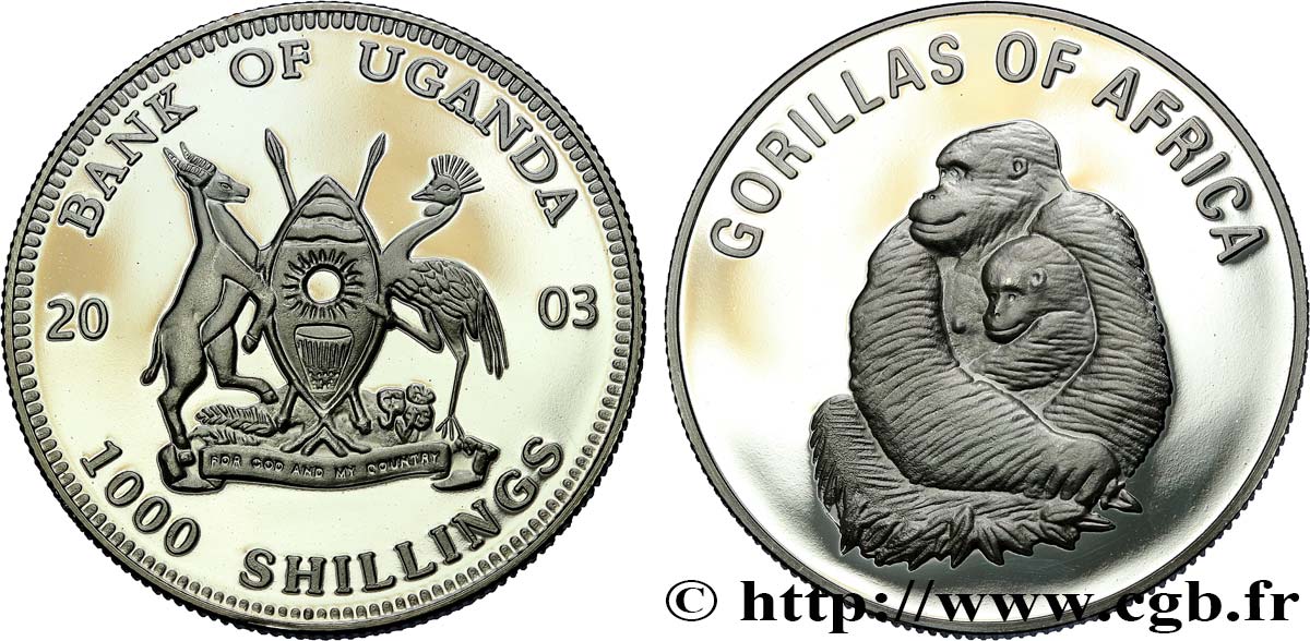 OUGANDA 1000 Shillings Proof série Gorilles d’Afrique - femelle gorille et petit 2003  FDC 