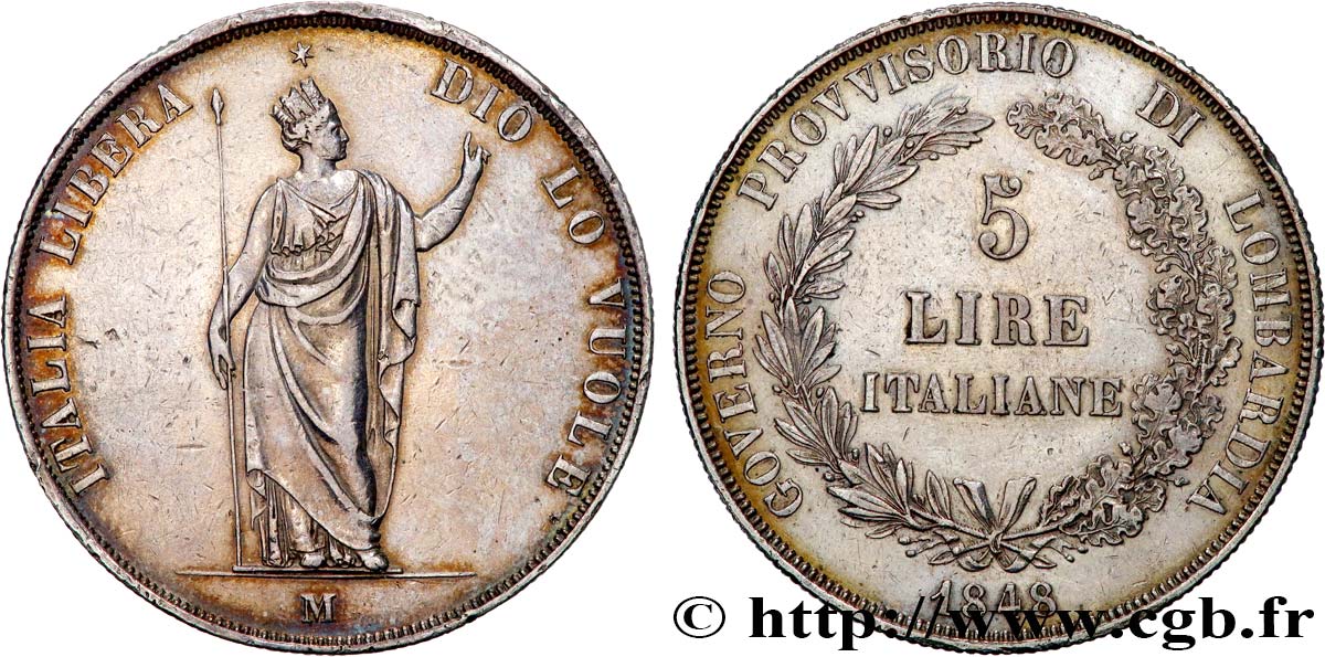 ITALIA - LOMBARDIA 5 Lire Gouvernement provisoire de Lombardie 1848 Milan MBC+ 