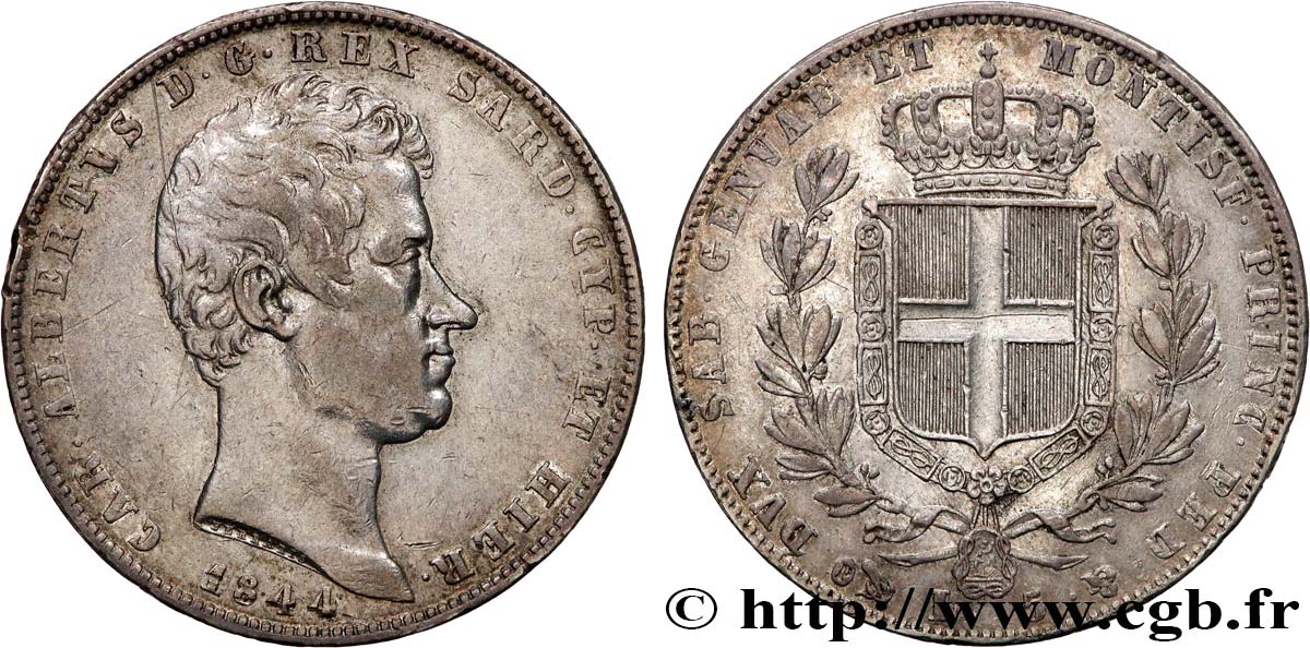 ITALY - KINGDOM OF SARDINIA - CHARLES-ALBERT 5 Lire  1844 Gênes VF 