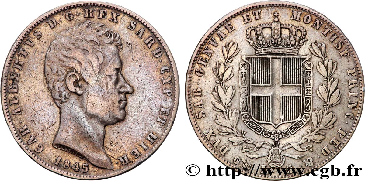 ITALY - KINGDOM OF SARDINIA 5 Lire Charles-Albert 1845 Gênes VF 