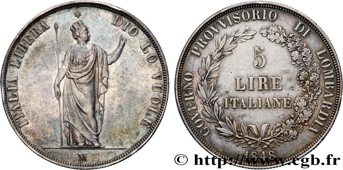 ITALY - LOMBARDY 5 Lire Gouvernement provisoire de Lombardie 1848 Milan AU 