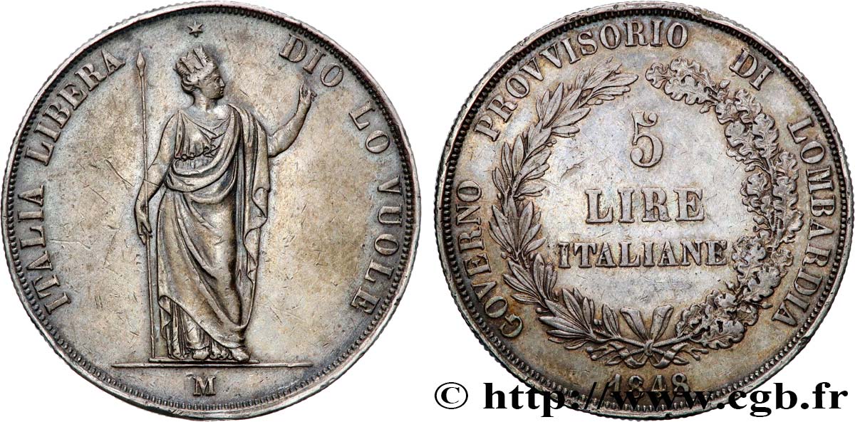 ITALIE - LOMBARDIE 5 Lire Gouvernement provisoire de Lombardie 1848 Milan TTB+ 