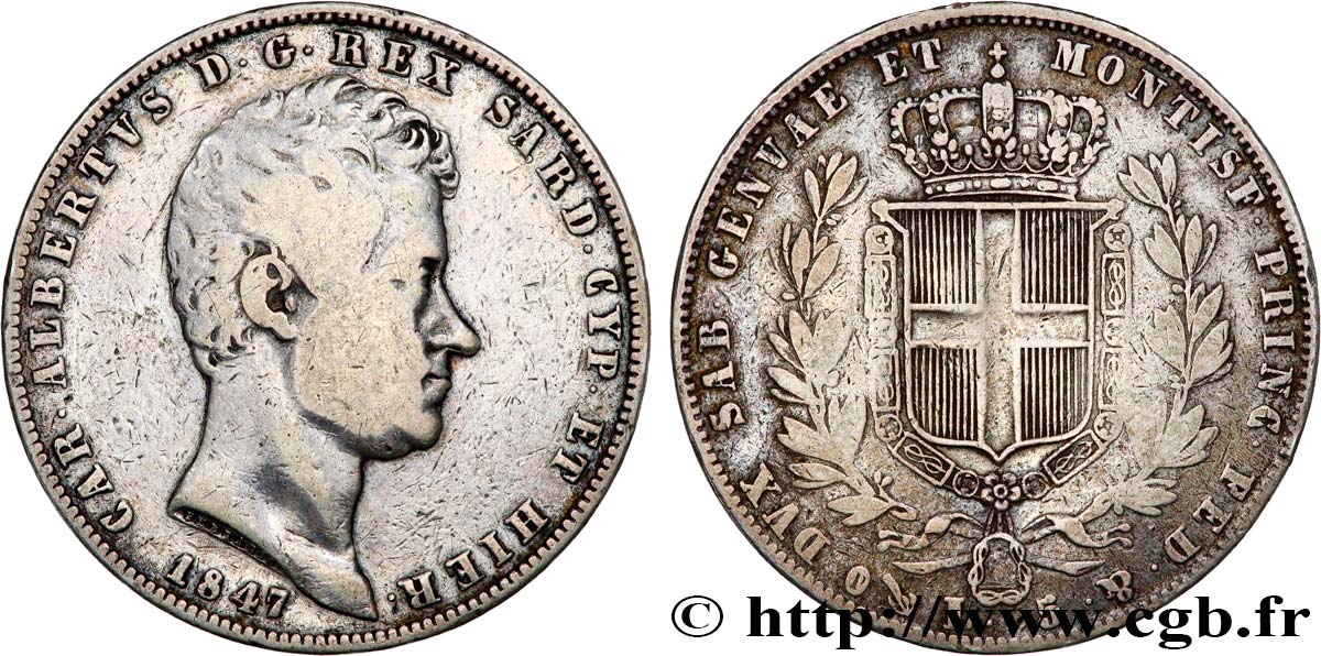 ITALY - KINGDOM OF SARDINIA - CHARLES-ALBERT 5 Lire  1847 Gênes VF 