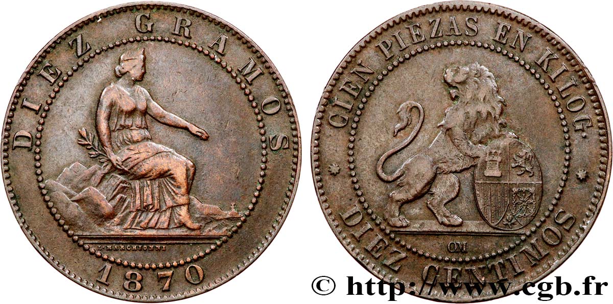 SPAGNA 10 Centimos monnayage provisoire “ESPAÑA” assise / lion au bouclier 1870 Oeschger Mesdach & CO q.BB 