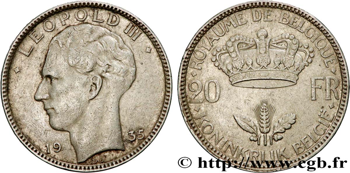 BELGIUM 20 Francs Léopold III  1935  XF 