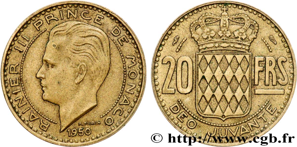 MONACO 20 Francs Rainier III 1950 Paris AU 