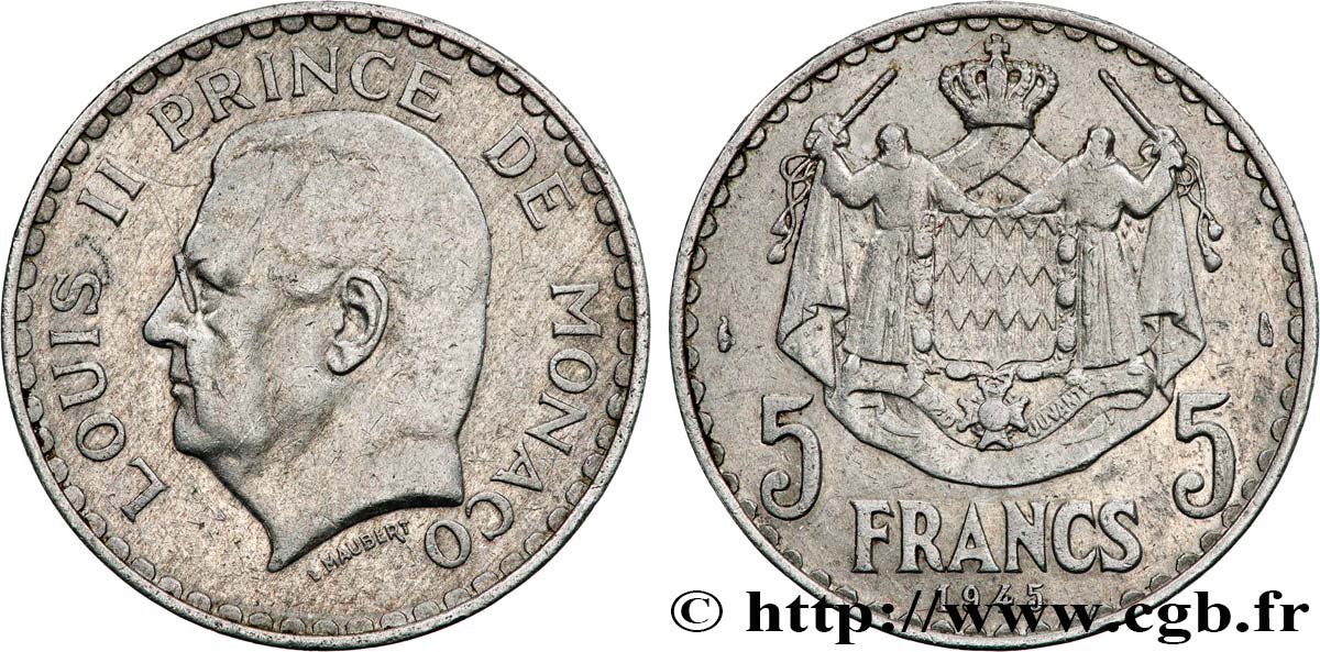 MONACO 5 Francs Louis II 1945 Paris TTB 