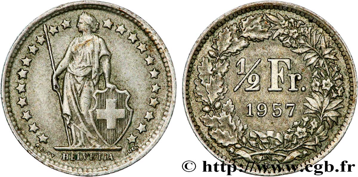 SUISSE 1/2 Franc Helvetia 1957 Berne - B TTB+ 