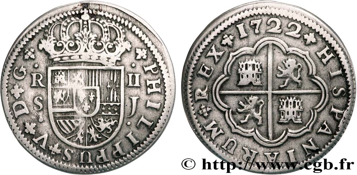 ESPAGNE 2 Reales au nom de Philippe V 1722 Séville TTB 