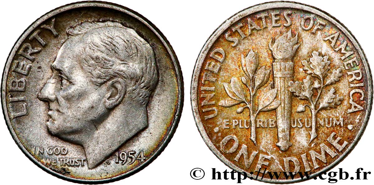 ÉTATS-UNIS D&nbsp;AMÉRIQUE 1 Dime(10 Cents) Roosevelt 1954 Philadelphie TTB 