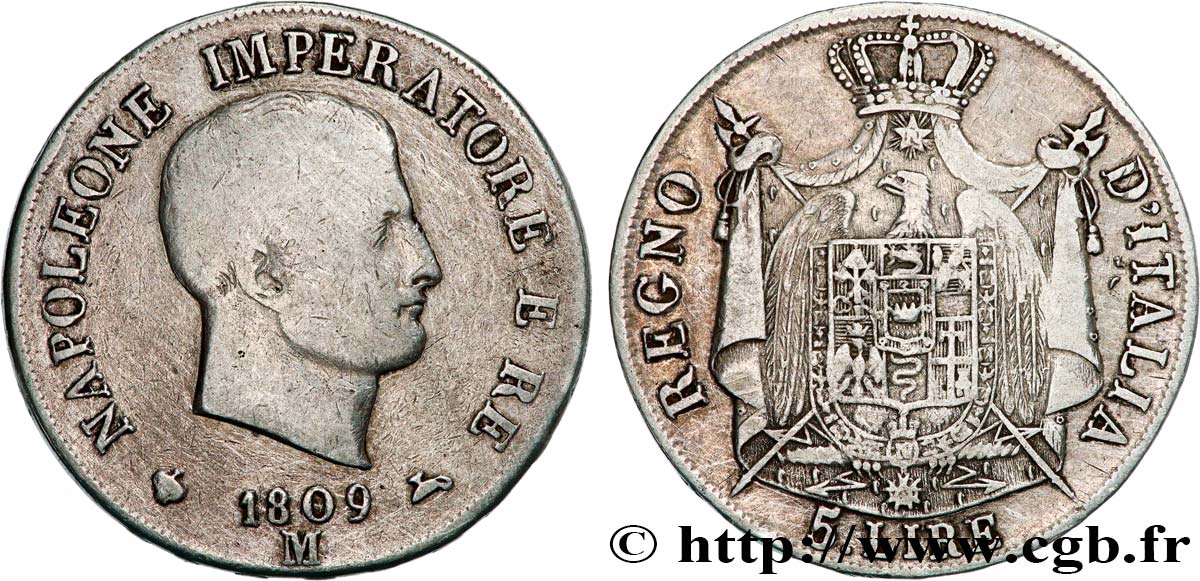 ITALY - KINGDOM OF ITALY - NAPOLEON I 5 Lire 1809 Milan VF 
