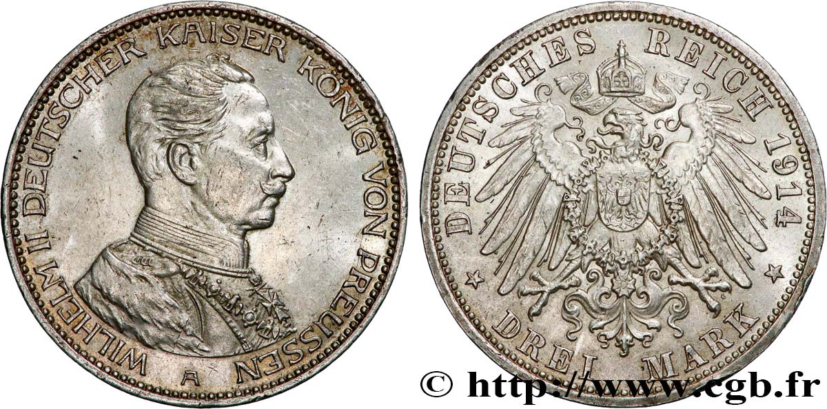 GERMANIA - PRUSSIA 3 Mark Guillaume II 1914 Berlin SPL 