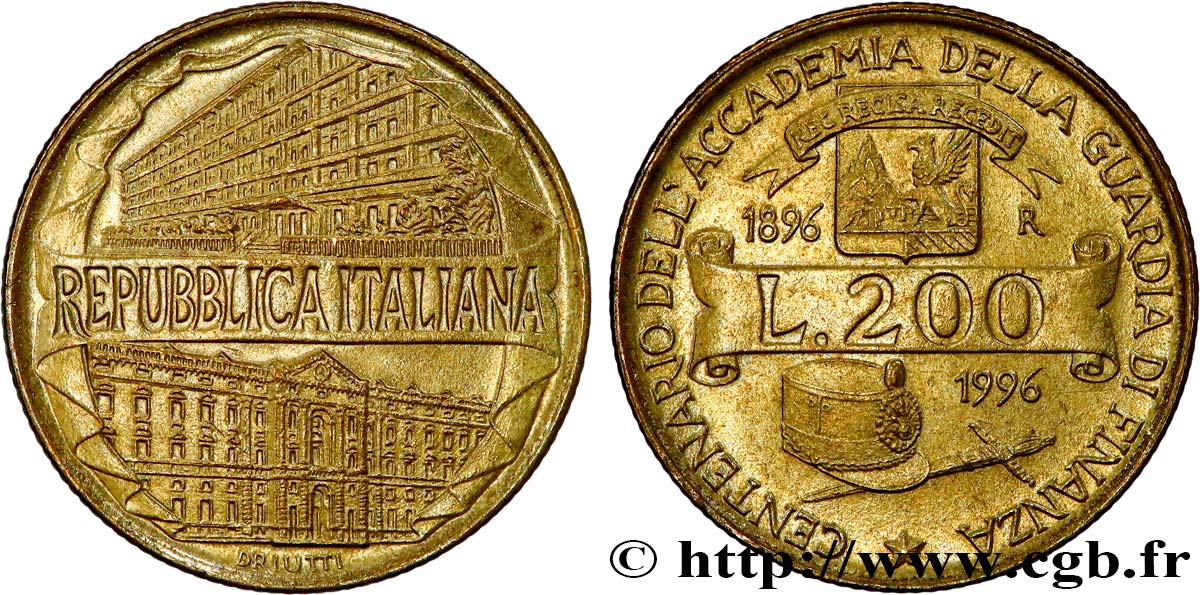 ITALIA 200 Lire centenaire Académie de la Guardia di Finanza 1996 Rome - R SPL 