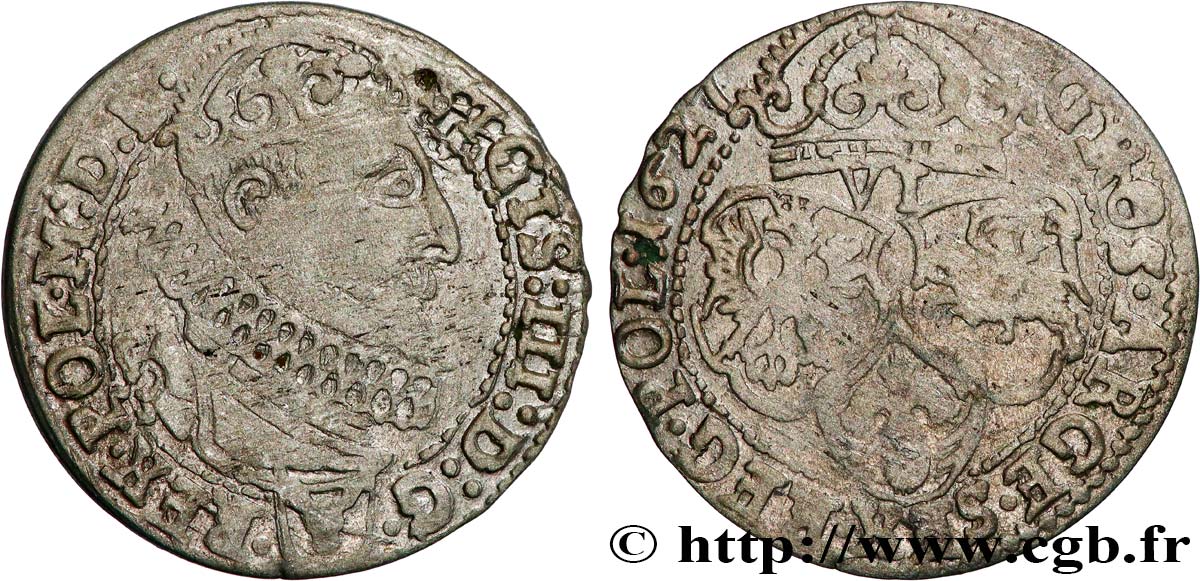 POLOGNE - ROYAUME DE POLOGNE - SIGISMOND III VASA 6 Groschen ou Szóstak Koronny 1627 Marienburg TB+ 