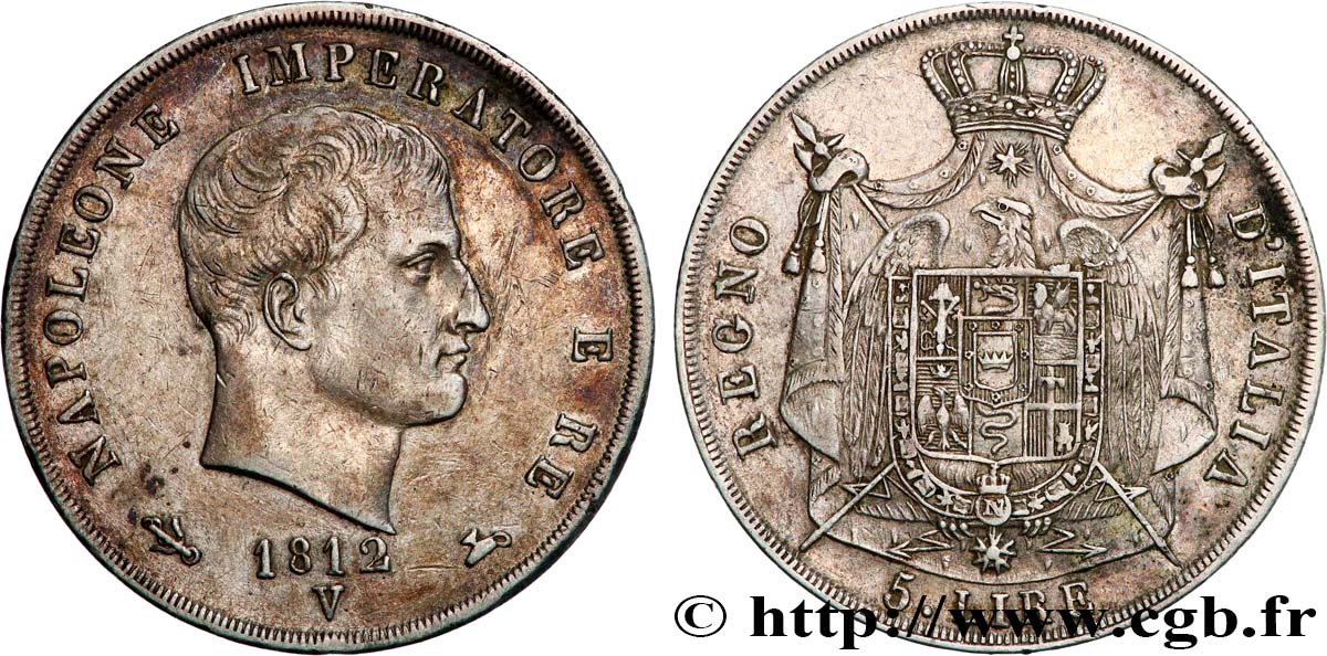 ITALY - KINGDOM OF ITALY - NAPOLEON I 5 lire, 2ème type, tranche en creux 1812 Venise XF 