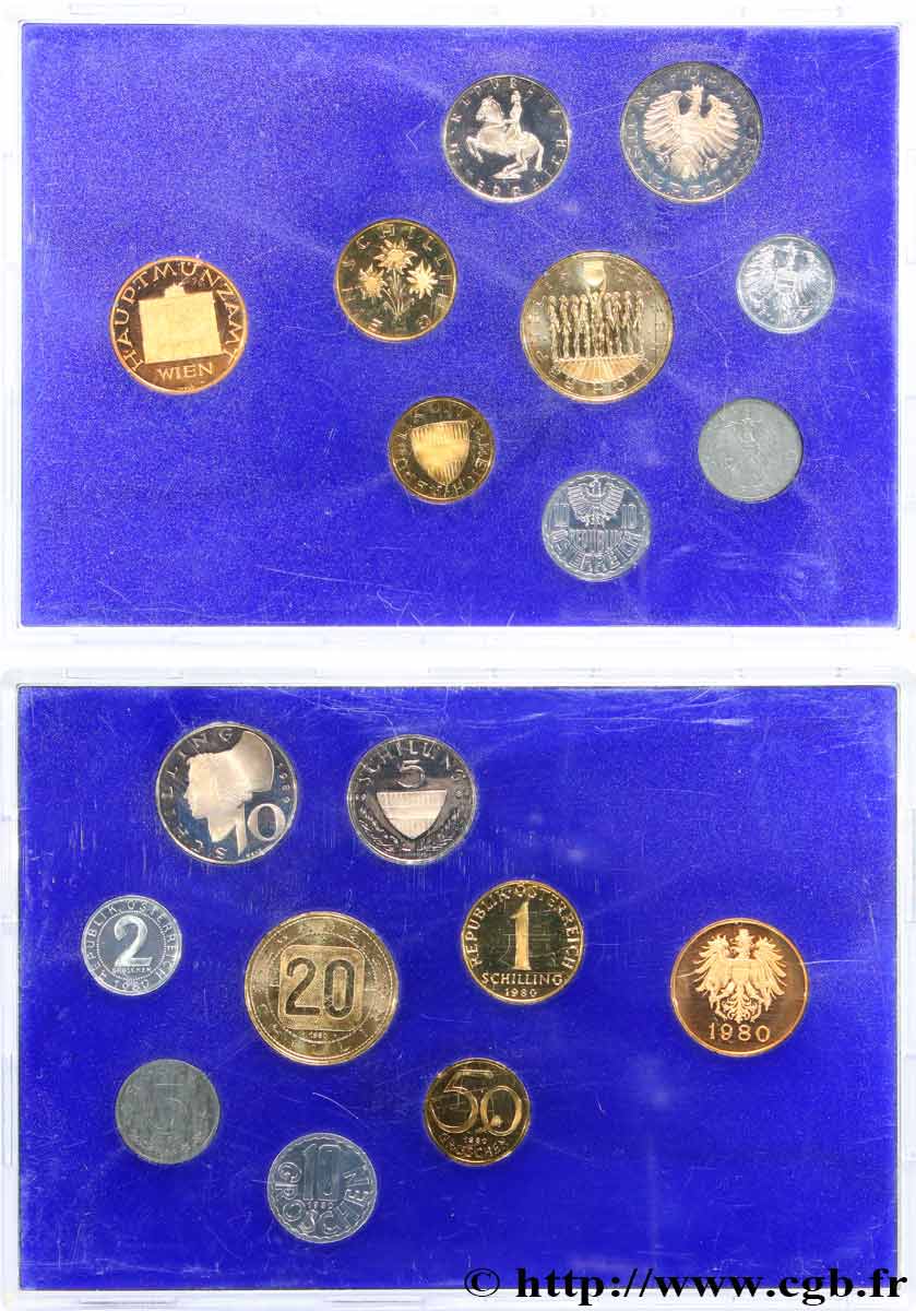ÖSTERREICH Série Proof 8 Monnaies 1980 Vienne ST 