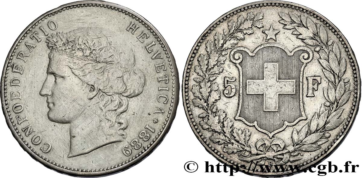 SCHWEIZ 5 Francs Helvetia 1889 Berne S 