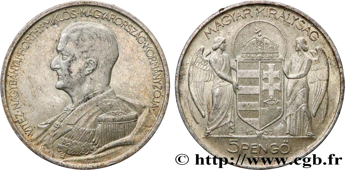 HONGRIE 5 Pengo Amiral Horthy 1939  TTB+ 