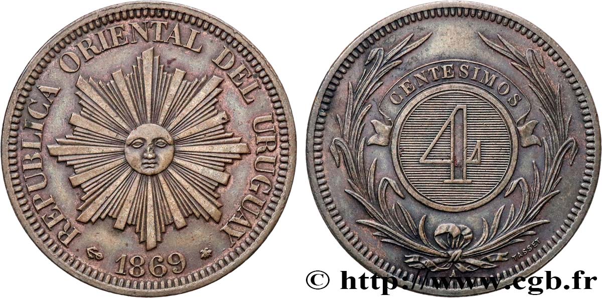 URUGUAY 4 Centesimos 1869 Paris TTB+ 