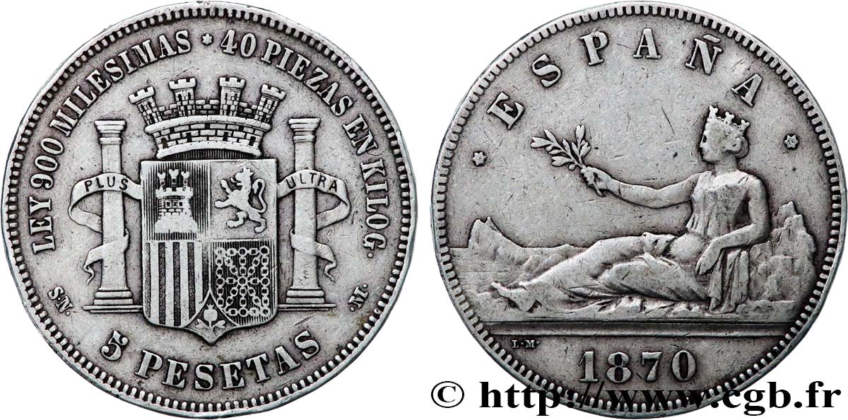 SPAIN 5 Pesetas 1870 Madrid VF 