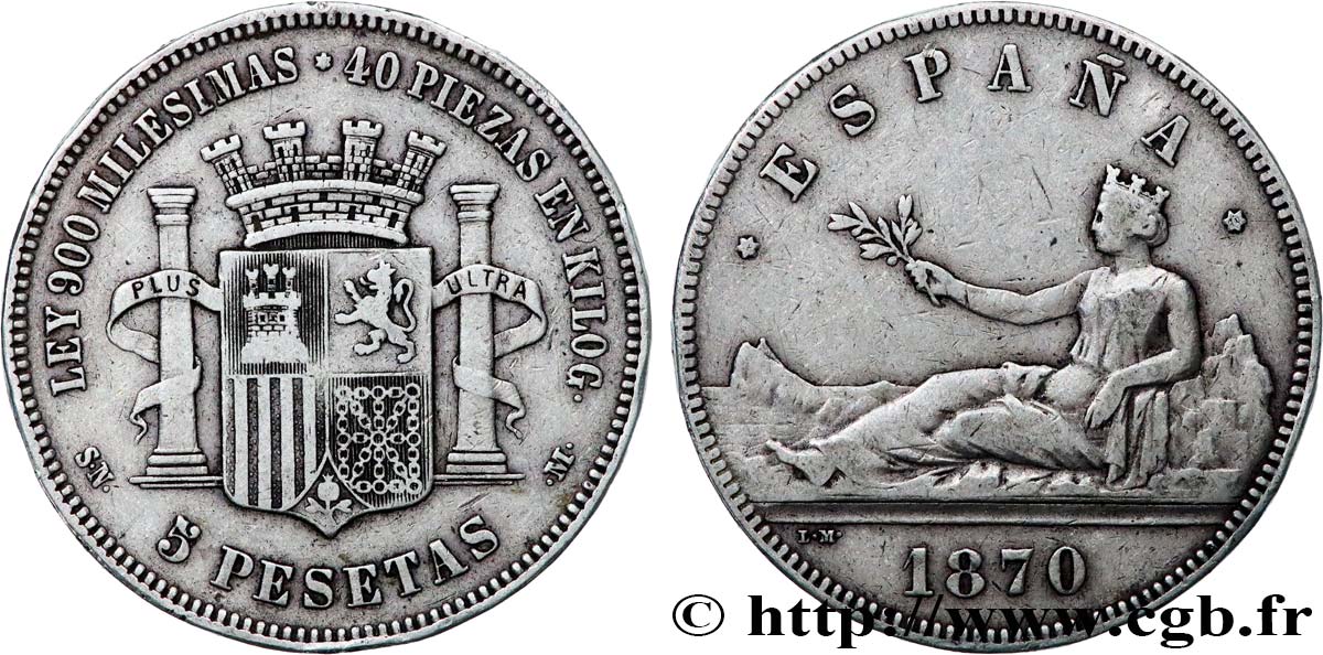 SPANIEN 5 Pesetas 1870 Madrid fSS 