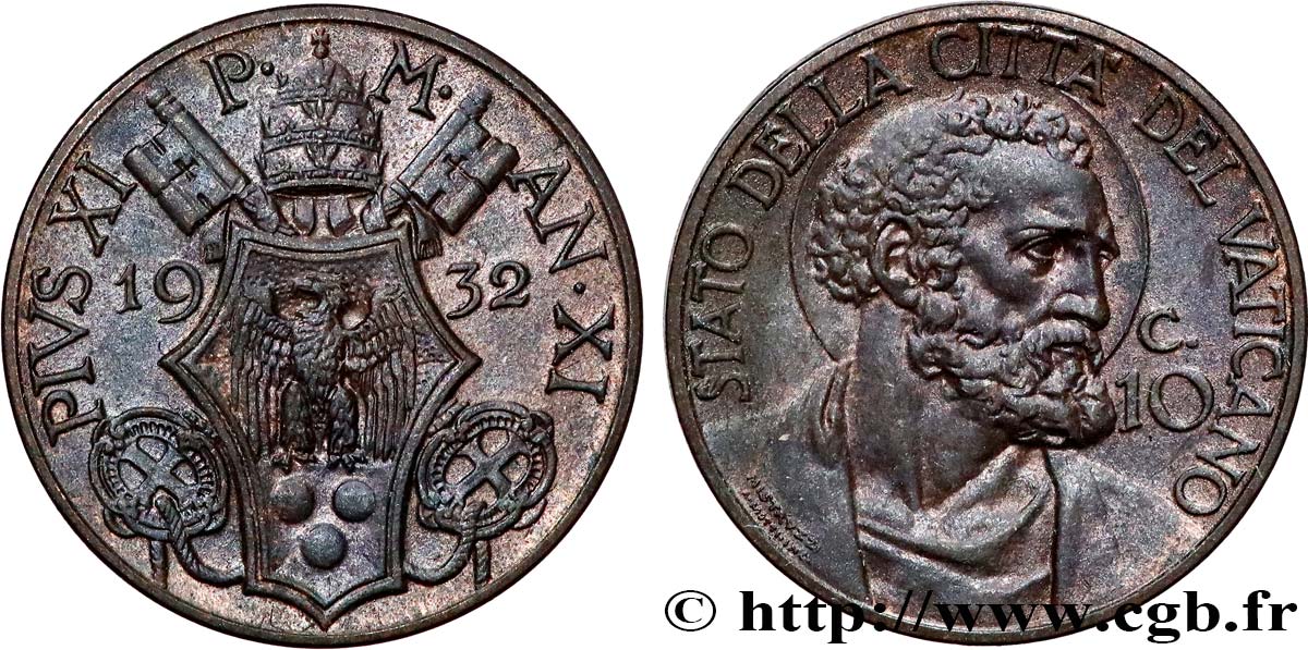 VATICAN ET ÉTATS PONTIFICAUX 10 Centesimi frappe au nom de Pie XI an XI 1932 Rome SUP 