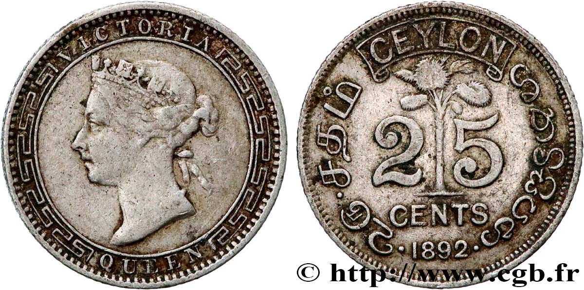 CEYLON 25 Cents Victoria 1892  XF 