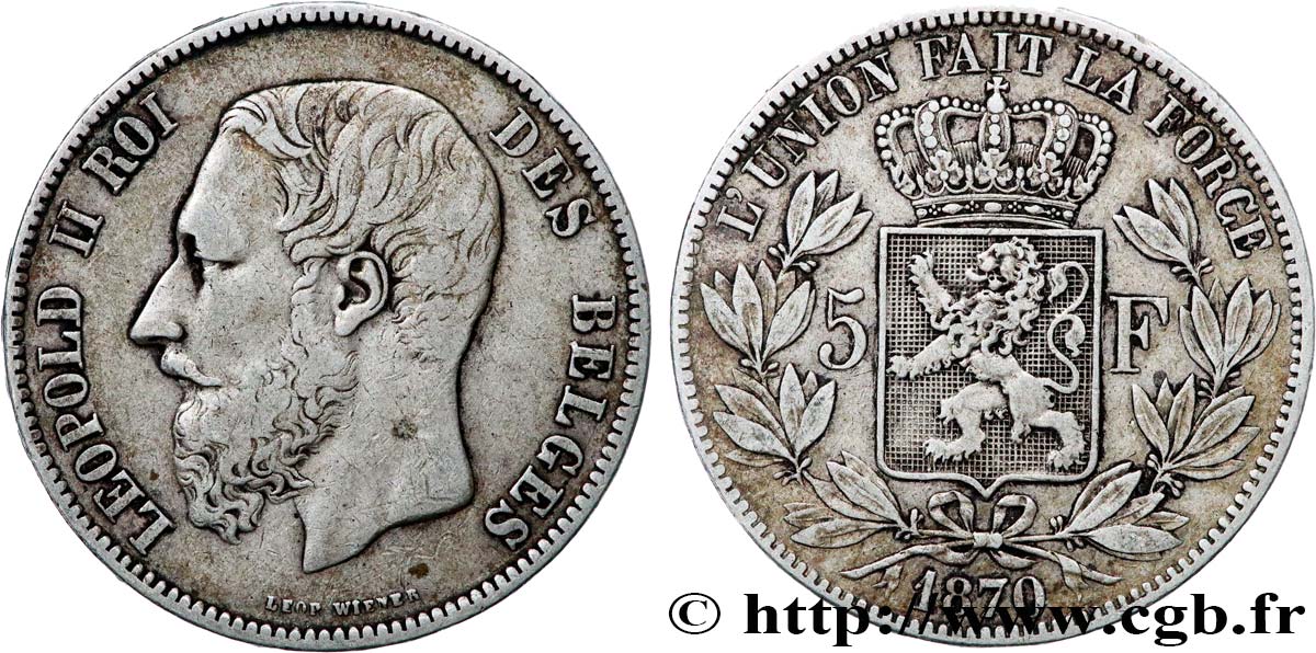 BELGIUM 5 Francs Léopold II 1870  XF 