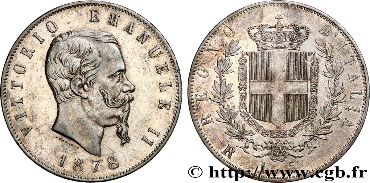 ITALY - KINGDOM OF ITALY - VICTOR-EMMANUEL II 5 Lire  1878 Rome AU 