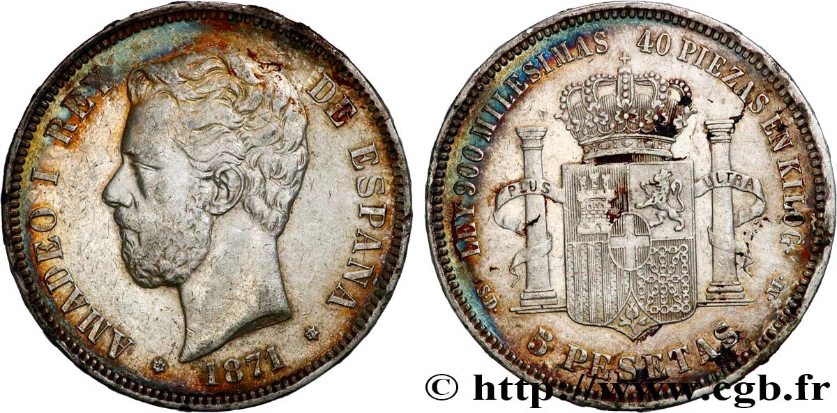 ESPAGNE 5 Pesetas Amédée Ier 1871 Madrid TTB 