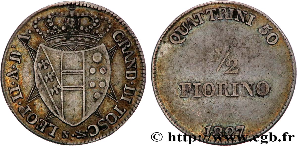 ITALY - GRAND DUCHY OF TUSCANY - LEOPOLD II 1/2 Florin  1827 Florence XF 