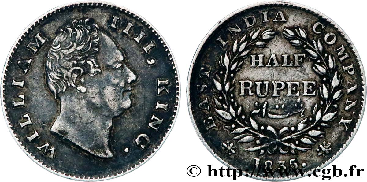 INDES BRITANNIQUES 1/2 Rupee (Roupie) William IV 1835 Calcutta TTB+ 