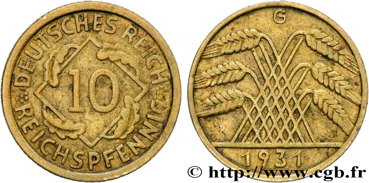 ALLEMAGNE - RÉPUBLIQUE DE WEIMAR 10 Reichspfennig 1931 Karlsruhe TTB 