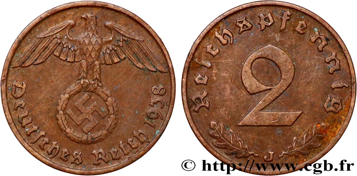 ALLEMAGNE 2 Reichspfennig 1938 Hambourg TTB+ 