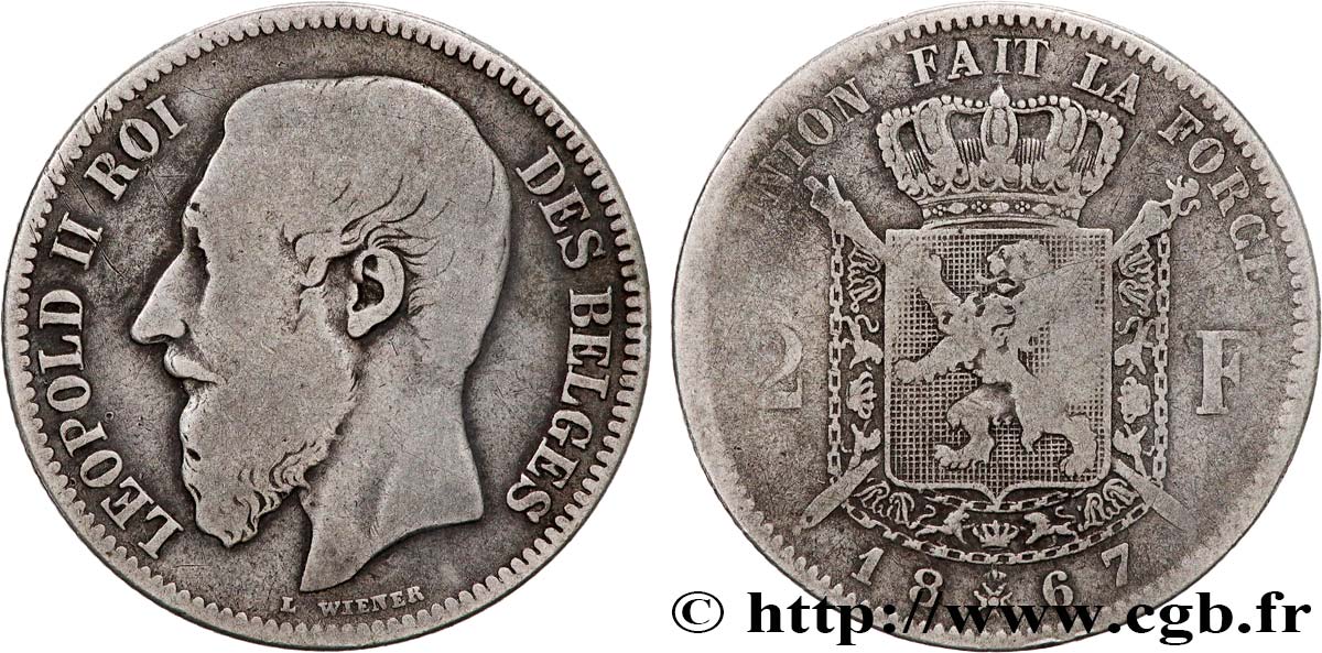BELGIQUE 2 Francs Léopold II légende française 1867  TB 