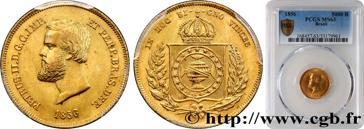 BRÉSIL - EMPIRE DU BRÉSIL - PIERRE II 5000 Reis  1856 Rio de Janeiro fST63 PCGS