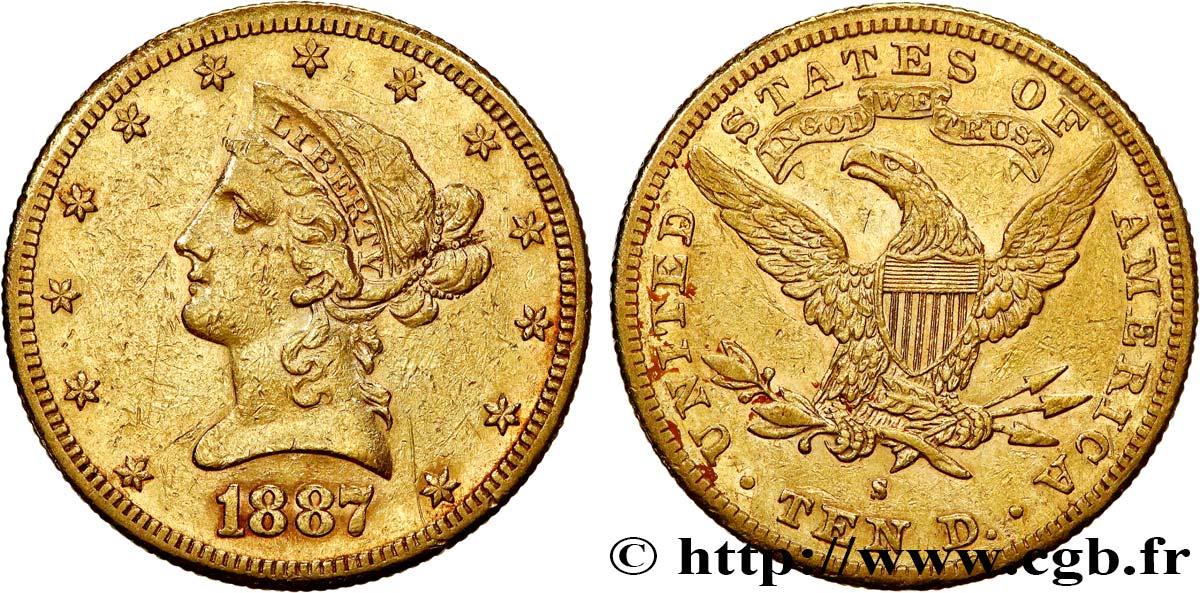 OR, PALLADIUM ET PLATINE INVESTISSEMENT 10 Dollars or  Liberty  1887 San Francisco TTB 