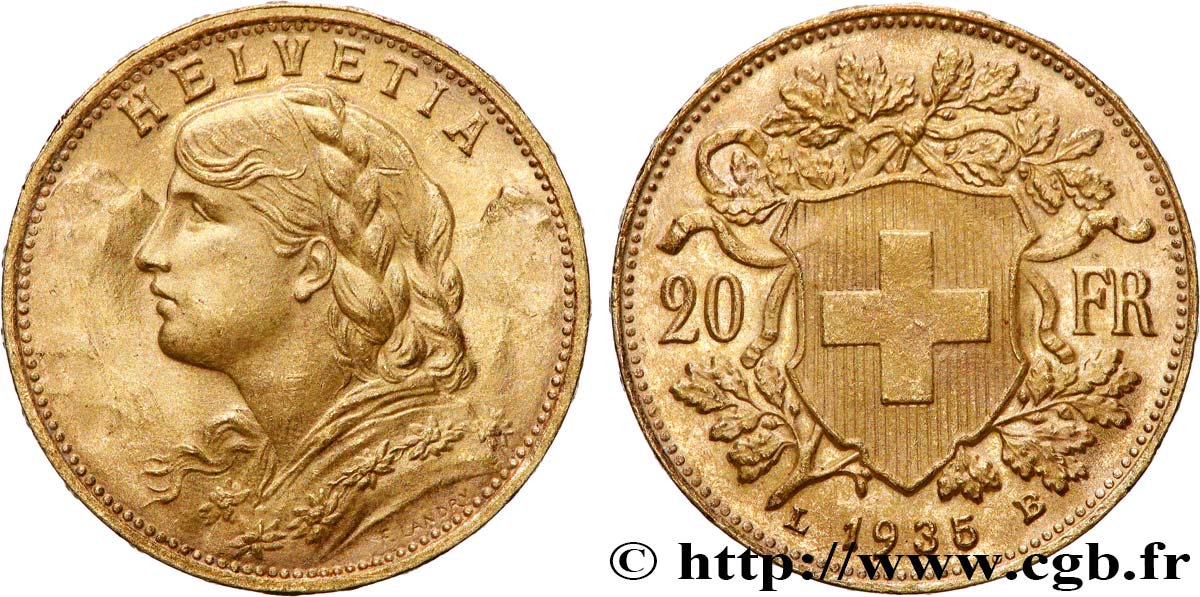 GOLD, PALLADIUM & PLATINUM INVESTMENT 20 Francs &nbsp;Vreneli&nbsp;  1935 Berne AU 