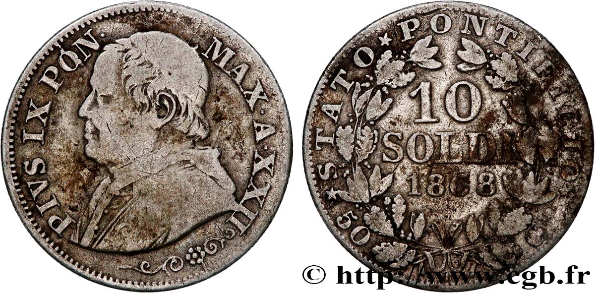 VATICAN AND PAPAL STATES 10 Soldi (50 Centesimi) Pie IX an XXII 1868 Rome VF/XF 