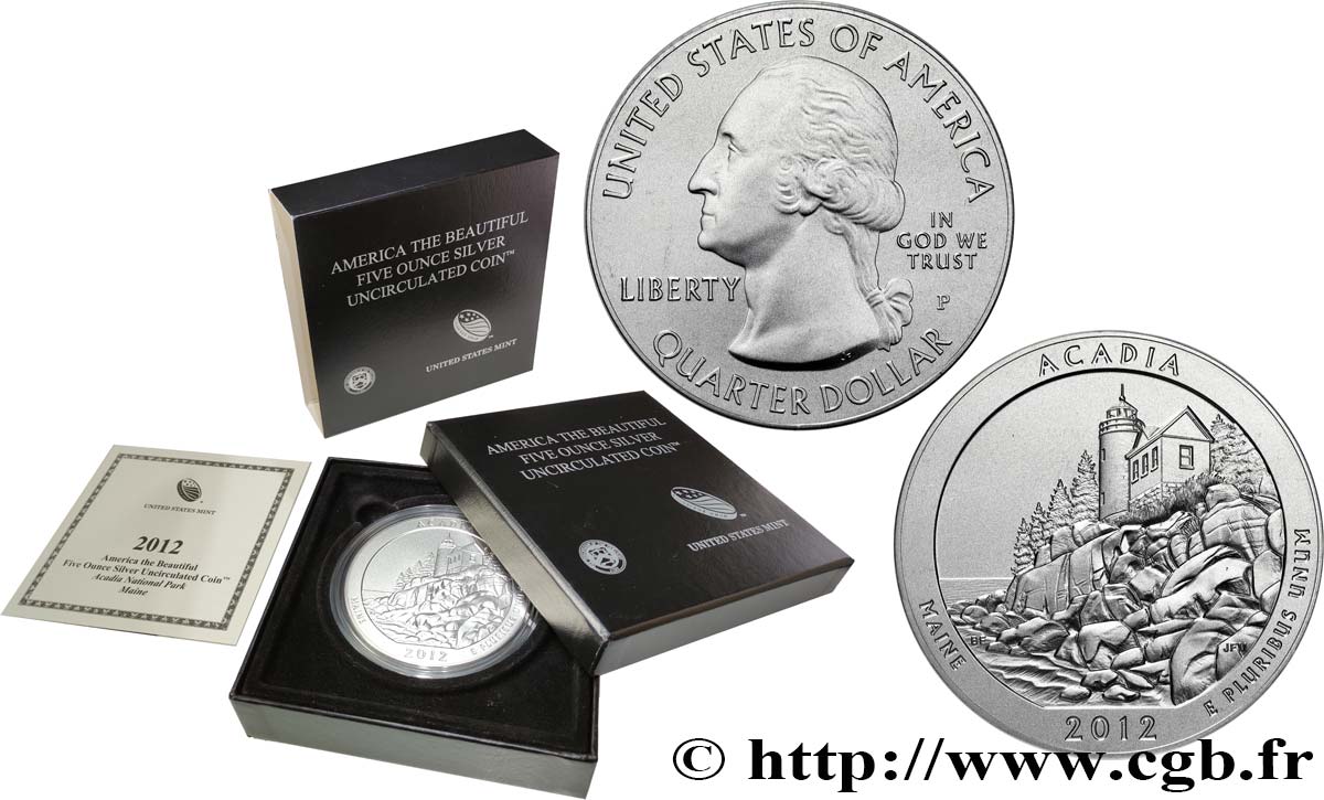 UNITED STATES OF AMERICA 25 cent - 5 onces d’argent FDC - ACADIA - Maine 2012 Philadelphie Proof set 