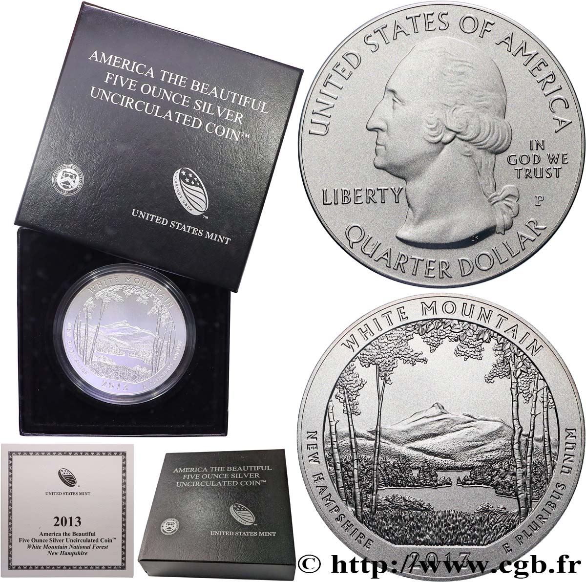 UNITED STATES OF AMERICA 25 cent - 5 onces d’argent FDC - WHITE MOUNTAIN - New Hampshire 2013 Philadelphie Proof set 