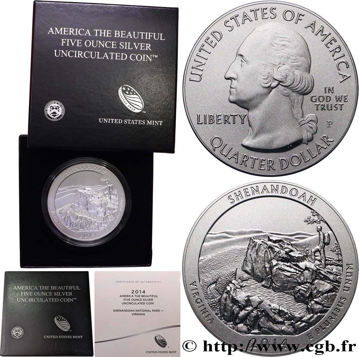 ÉTATS-UNIS D AMÉRIQUE 25 cent - 5 onces d’argent FDC - SHENANDOAH - Virginia 2014 Philadelphie FDC 